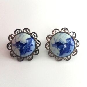 Vintage Sterling Delft Screw Back Earrings